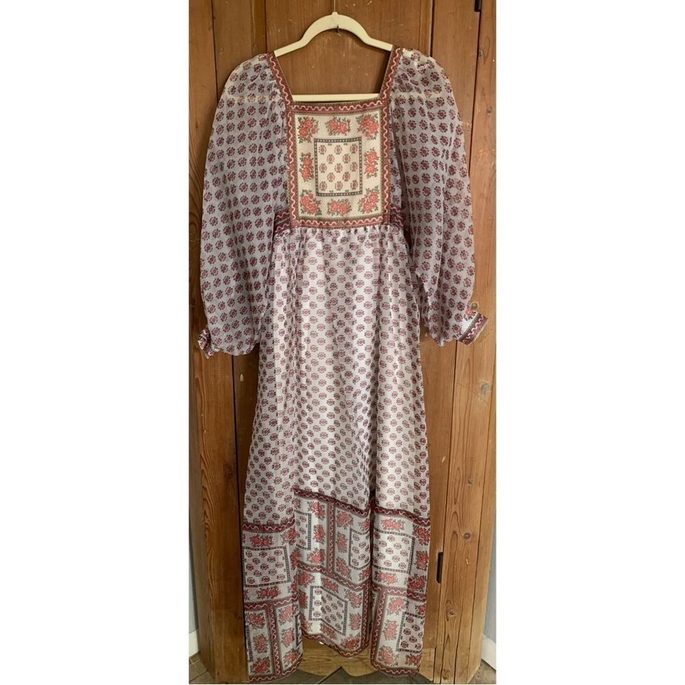 Vintage 70’s Victor Costa sheer long puff sleeves prairie maxi dress